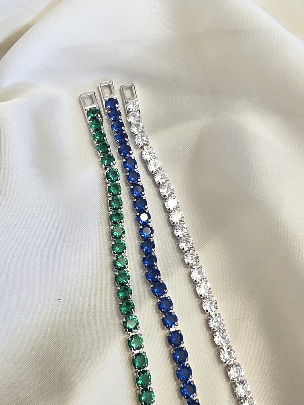 Set Of 3 Tennis Bracelets In Silvertone- Lab Created Emerald, Blue CZ, White CZ